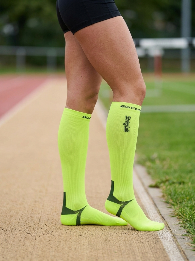 Atleta con calze a compressione lunghe giallo fluo Power Sock Bio-Compressor su pista