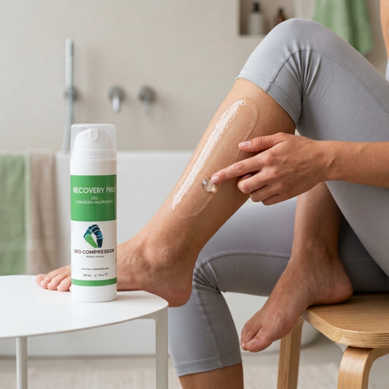 Applicazione del gel defaticante Recovery Pro Bio-Compressor sulla gamba dopo lo sport